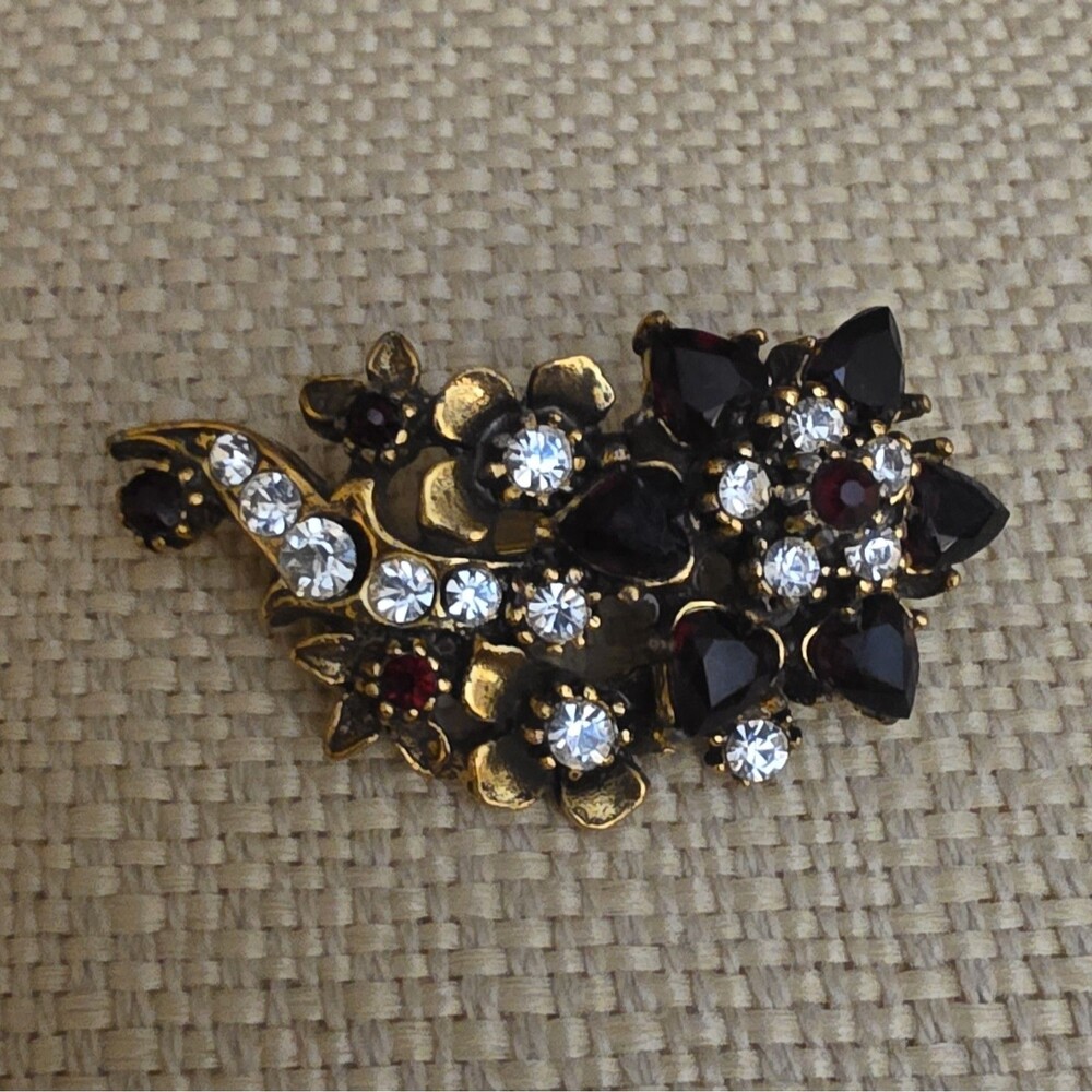 Vintage Gold Tone Floral Spray Brooch Clear Dark Red Rhinestones Mid Century Pin